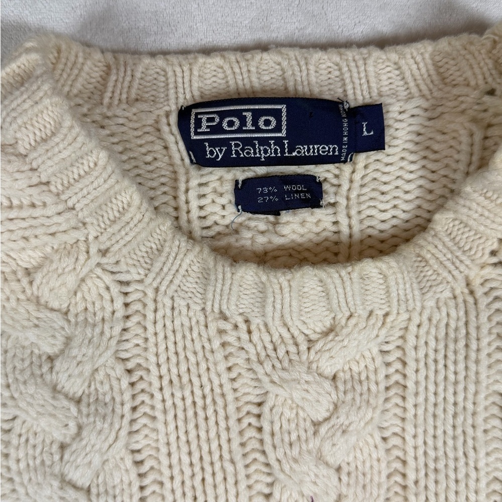 Polo Ralph Lauren Wool Linen Blend Ivory Cable Knit Sweater Brown Elbow Patches - Picture 2 of 8